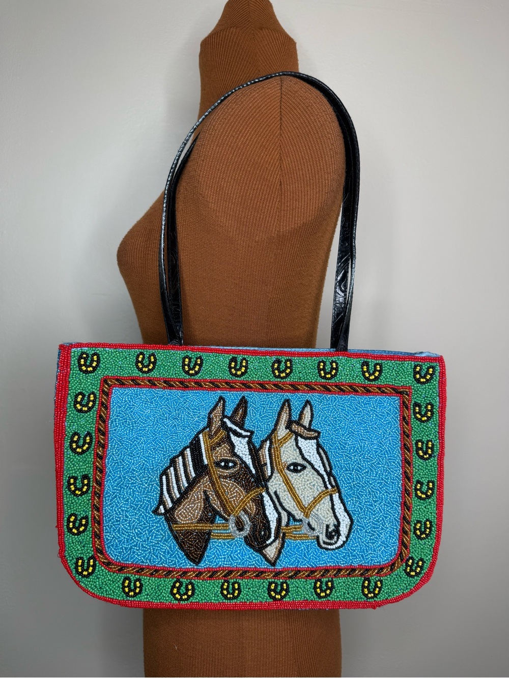 Vintage Hand-Beaded Horse Motif Leather Trimmed Bag